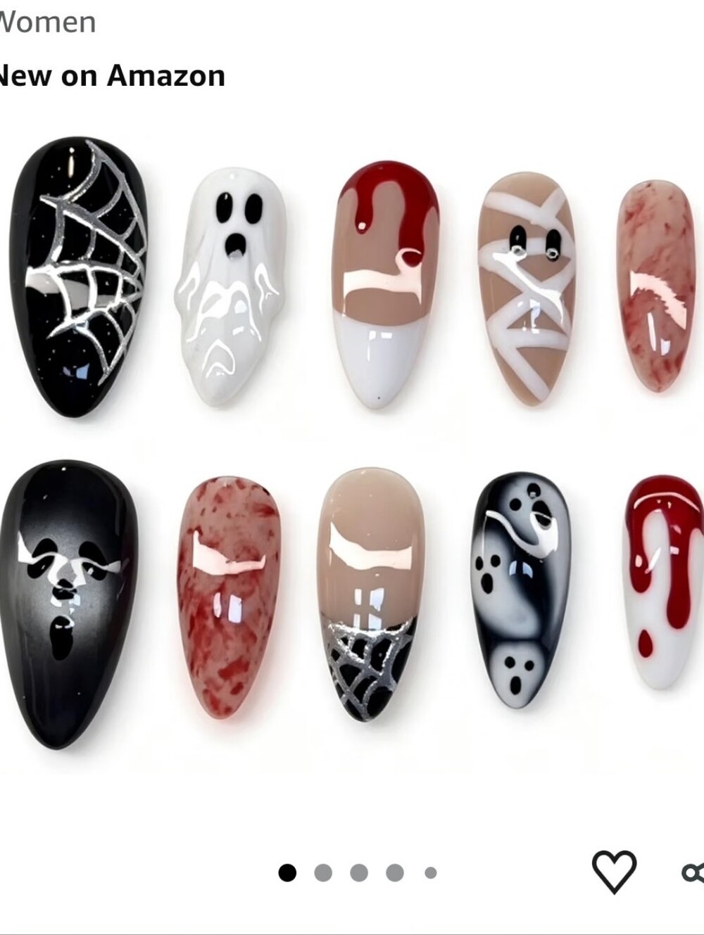30Pcs Halloween Ghost Press on Nails Almond Spider Web, Mummy, Blood Drip